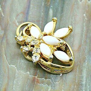 Vintage White Stone Floral Cluster Pendant Rhinestones Gold Tone Filigree 1"